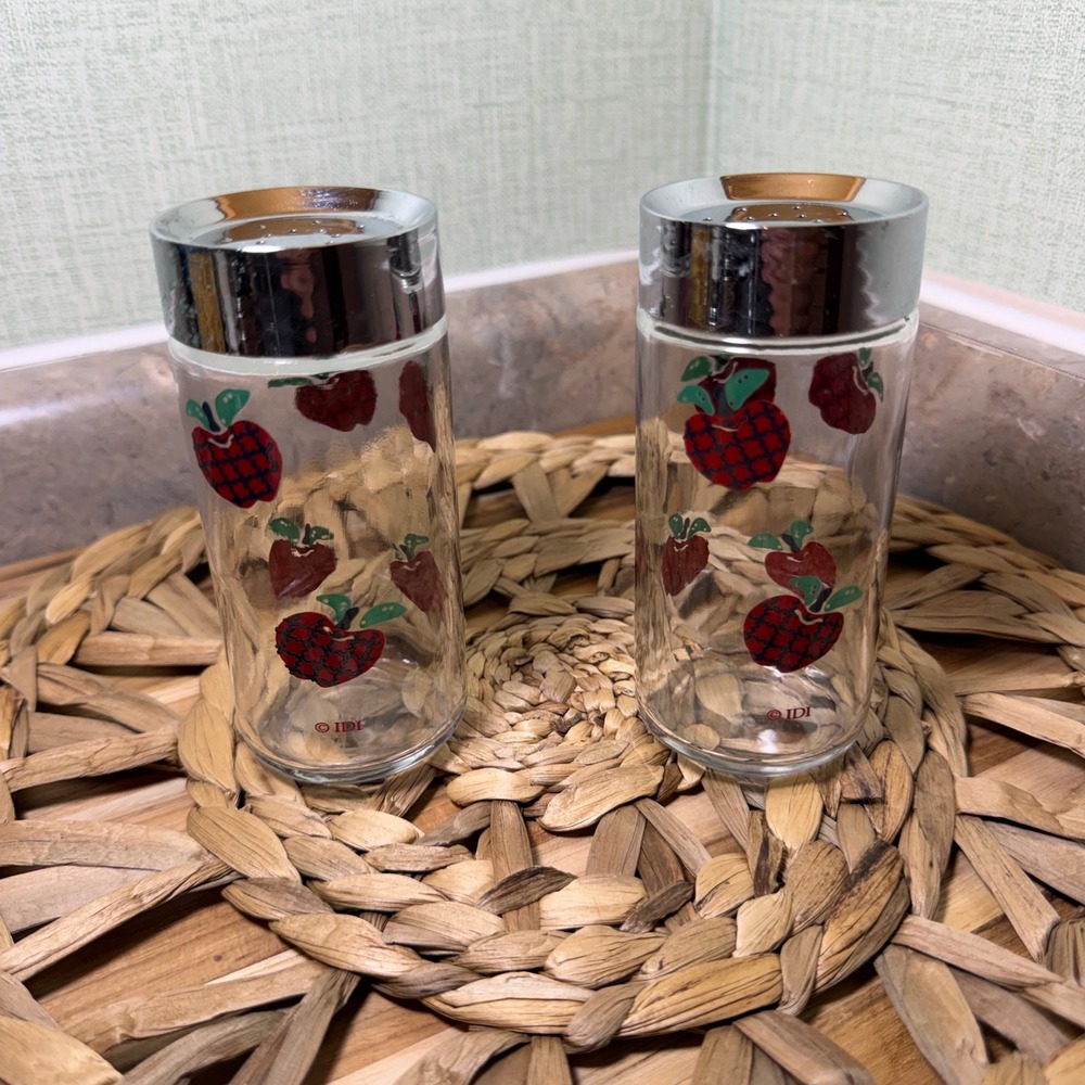 Vtg IDI Glass Salt and Pepper Shakers Applejack Pattern Chrome Lids Set of 2
